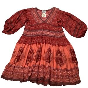 Area Stars Red Paisley Cotton Gauze Boho Mini Dress‎ Puff Sleeve Lace Trim Small